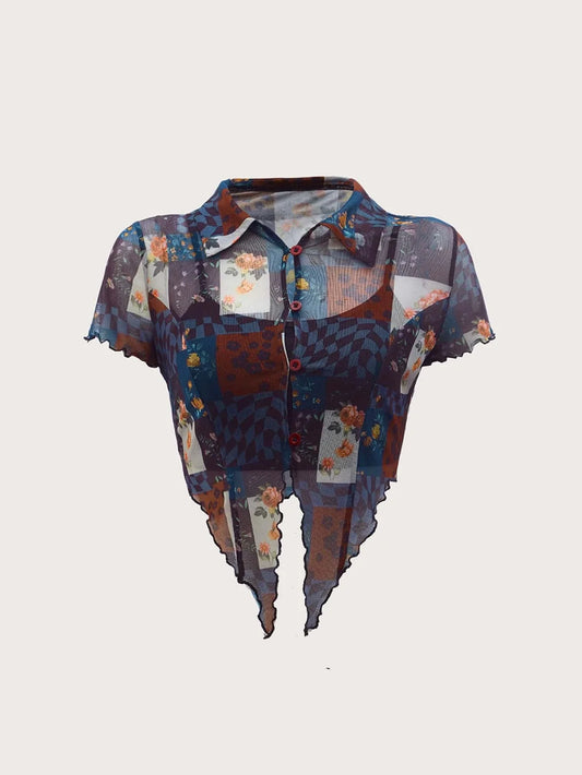 MOD Patchwork Print Lettuce Trim Asymmetrical Hem Mesh Shirt