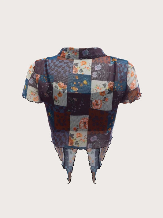 MOD Patchwork Print Lettuce Trim Asymmetrical Hem Mesh Shirt