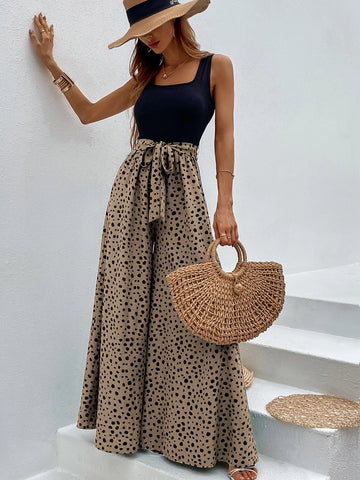 Breezaya Dalmatian Print Wide Leg Belted Jumpsuit