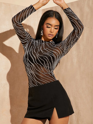 BAE Lettuce Trim Glitter Sheer Mesh Top Without Bra