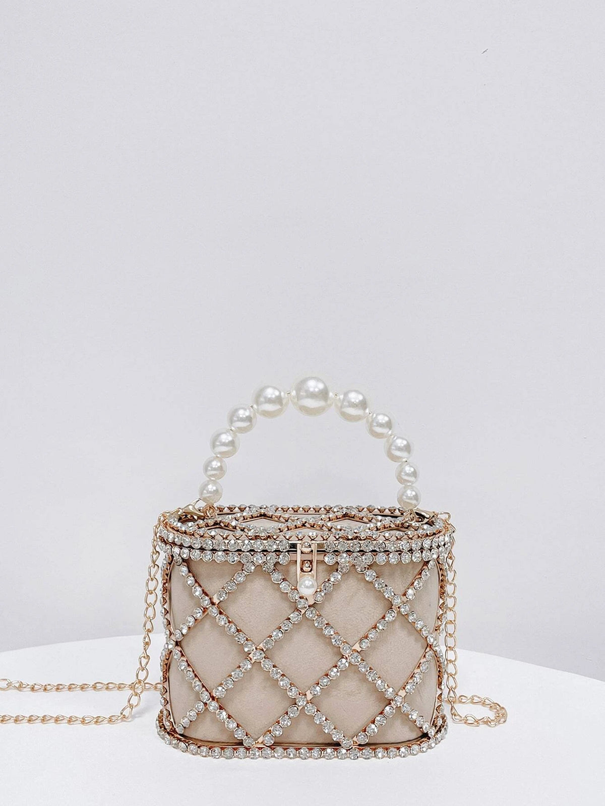 Lightweight,Business Casual Mini Rhinestone & Faux Pearl Decor Chain Box Bag