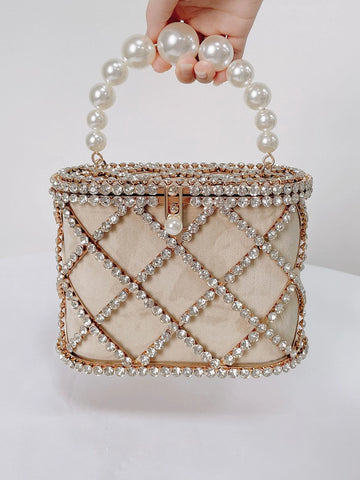 Lightweight,Business Casual Mini Rhinestone & Faux Pearl Decor Chain Box Bag