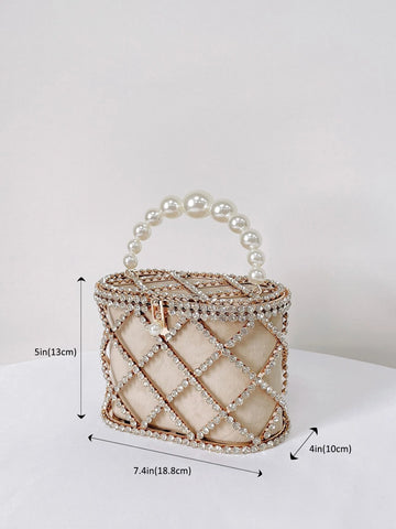 Lightweight,Business Casual Mini Rhinestone & Faux Pearl Decor Chain Box Bag