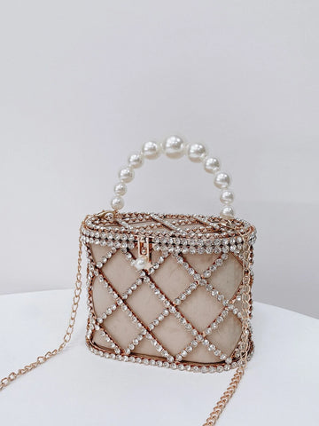 Lightweight,Business Casual Mini Rhinestone & Faux Pearl Decor Chain Box Bag