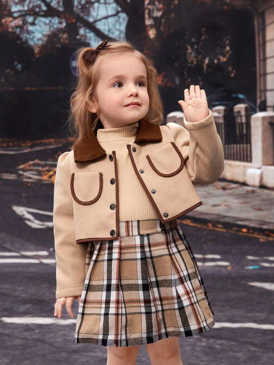 Young Girl Contrast Collar Puff Sleeve Jacket & Plaid Pleated Skirt