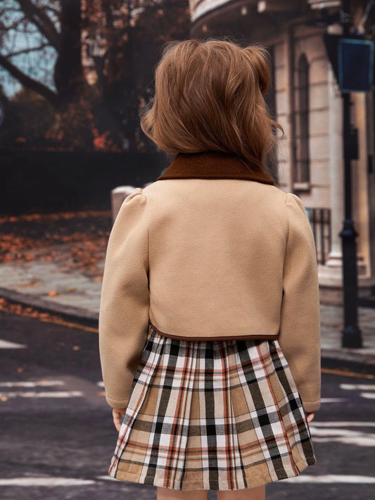 Young Girl Contrast Collar Puff Sleeve Jacket & Plaid Pleated Skirt