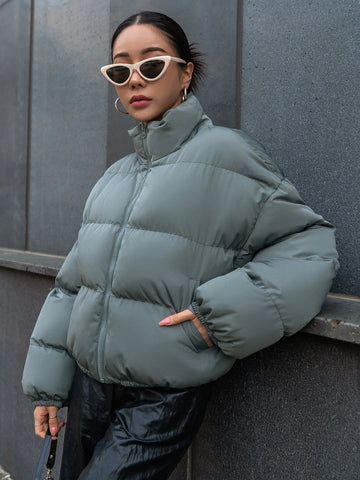 DAZY Drop Shoulder Zipper Puffer Thick Pockets Coat