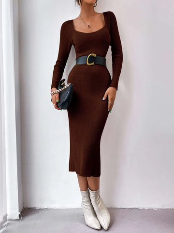 X Lucía Bellido SHEIN Privé Square Neck Raglan Sleeve Slit Back Sweater Dress Without Belt