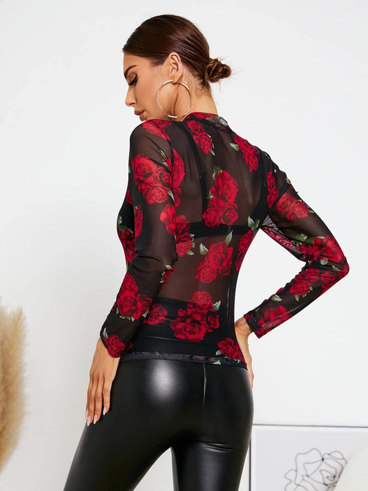Privé Floral Print Crew Neck Mesh Top Without Bra