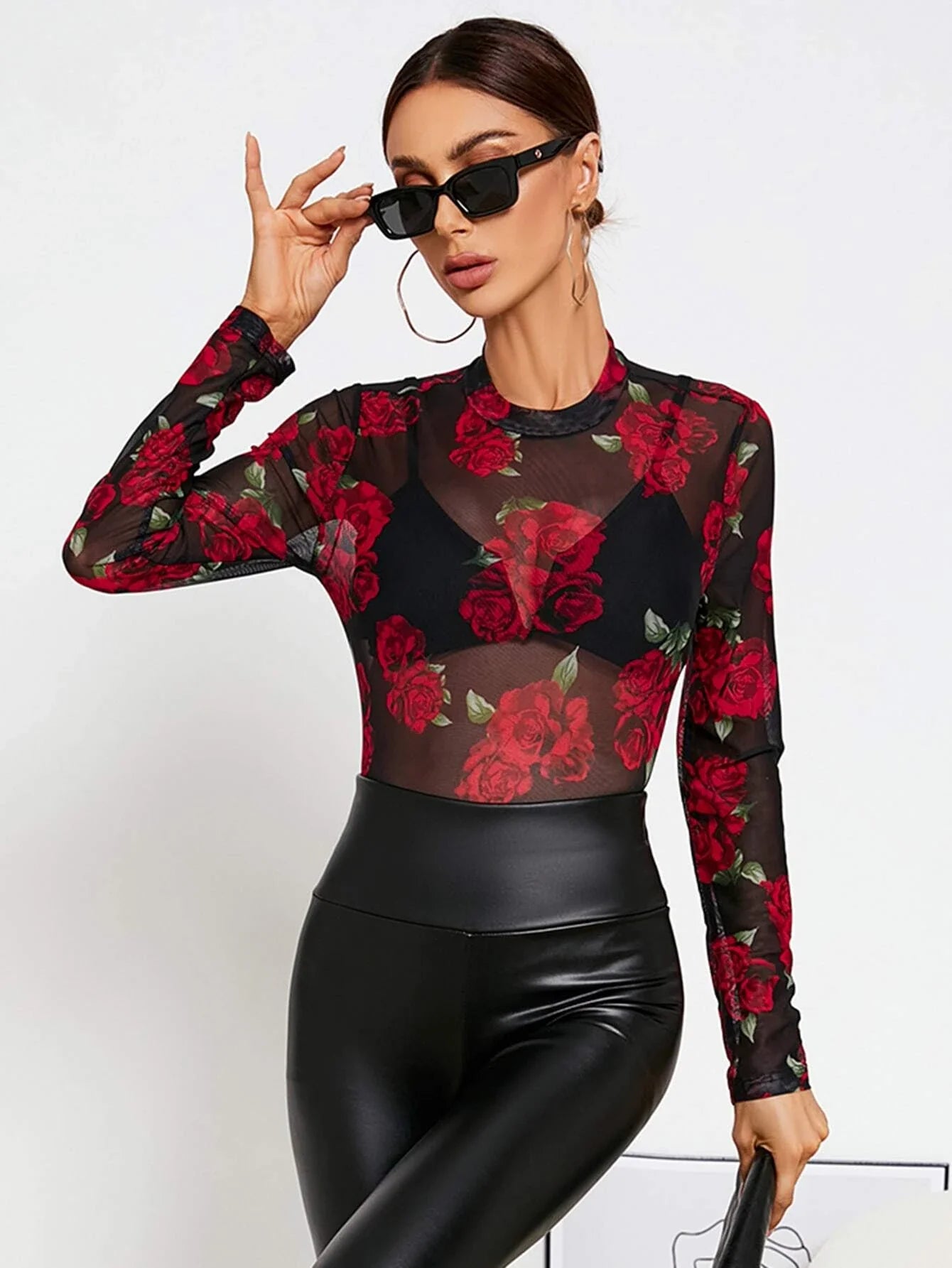 Privé Floral Print Crew Neck Mesh Top Without Bra