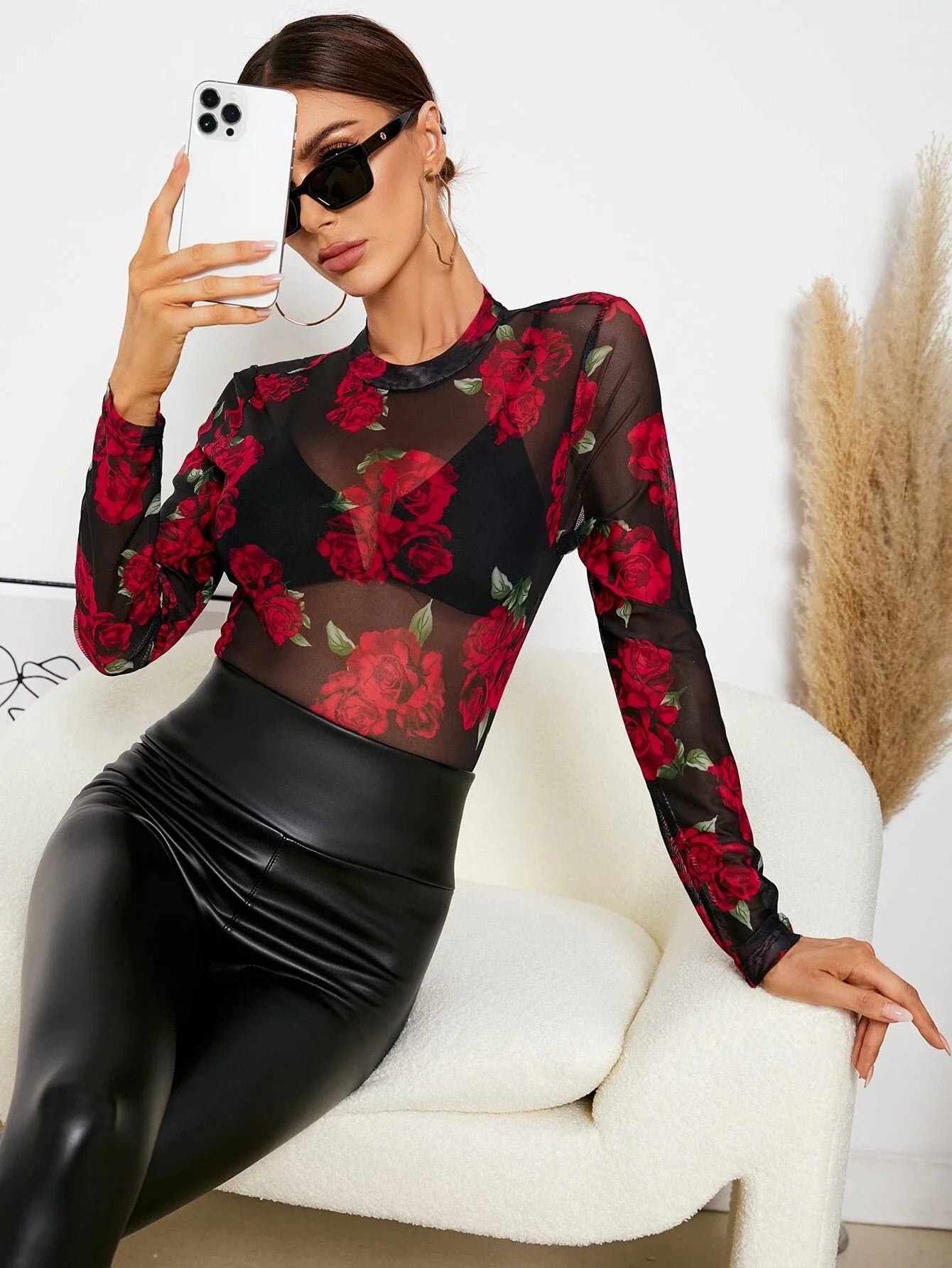 Privé Floral Print Crew Neck Mesh Top Without Bra