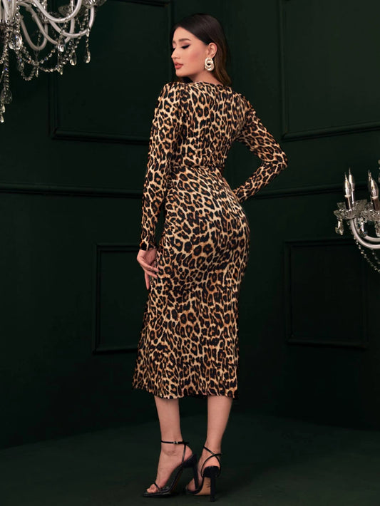 Modely Leopard Print Surplice Neck Split Thigh Dress Maxi