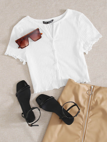 EZwear Button Front Lettuce Trim Rib-knit Tee