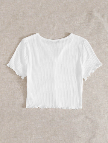 EZwear Button Front Lettuce Trim Rib-knit Tee