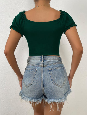 Rafferiza Sweetheart Neck Ruched Frill Trim Puff Sleeve Crop Tee
