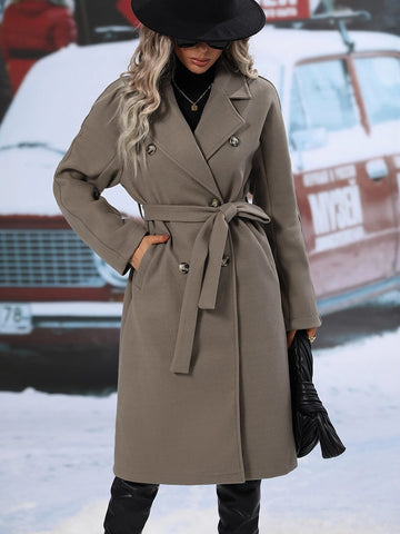 Relaxiva Lapel Neck Double Breasted Belted Overcoat