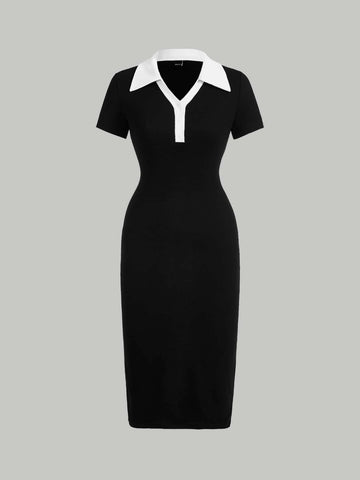 MOD Preppy Style Black And White Contrast Collar Button Front Dress