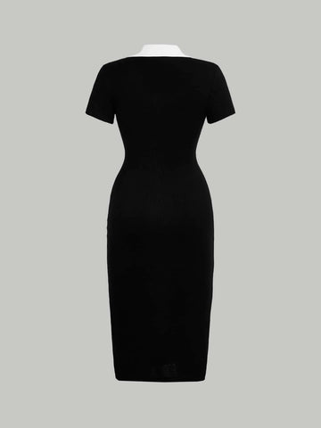 MOD Preppy Style Black And White Contrast Collar Button Front Dress