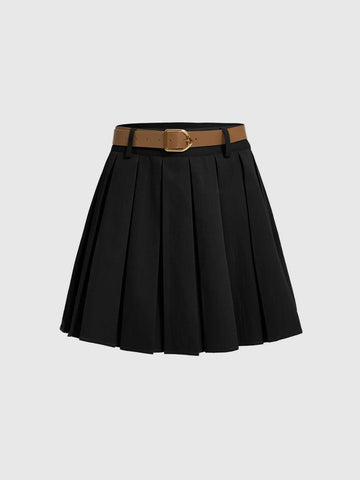 MOD Solid Pleated Belted Skirt