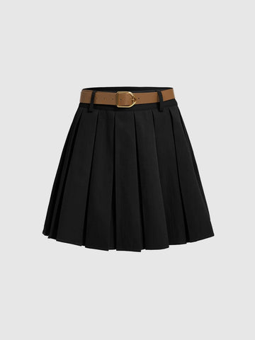 MOD Solid Pleated Belted Skirt