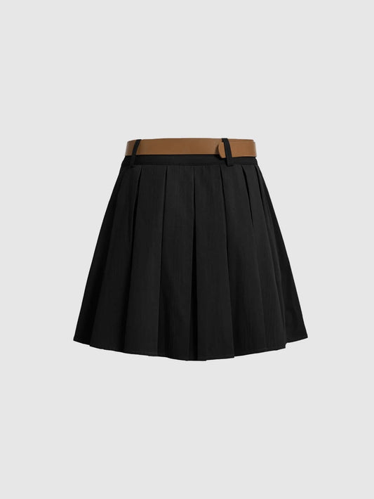 MOD Solid Pleated Belted Skirt