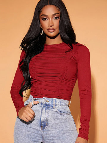 SXY Pleated Skinny Long Sleeve T-Shirt