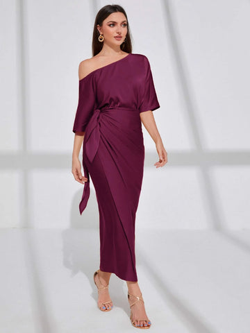 Modely Asymmetrical Neck Batwing Sleeve Wrap Hem Satin Dress