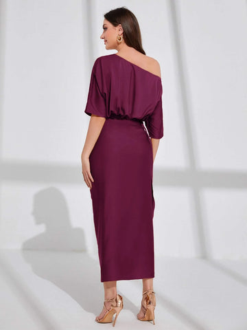 Modely Asymmetrical Neck Batwing Sleeve Wrap Hem Satin Dress