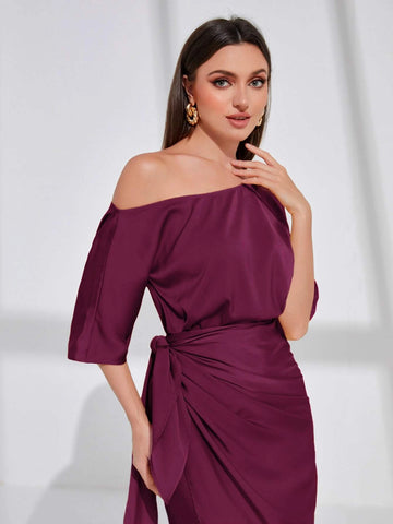 Modely Asymmetrical Neck Batwing Sleeve Wrap Hem Satin Dress