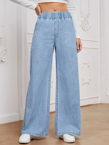 Essnce Solid Color Elastic Waist Denim Pants With Pockets