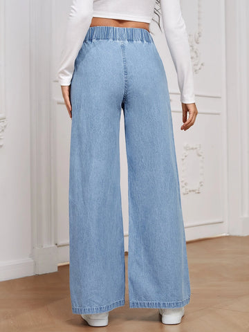 Essnce Solid Color Elastic Waist Denim Pants With Pockets