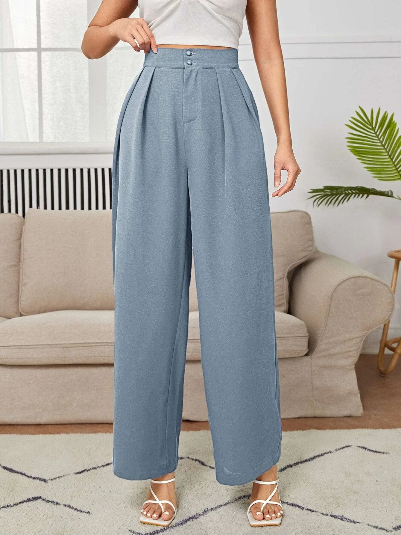 PETITE High Waist Plicated Wide Leg Black Dress Pants