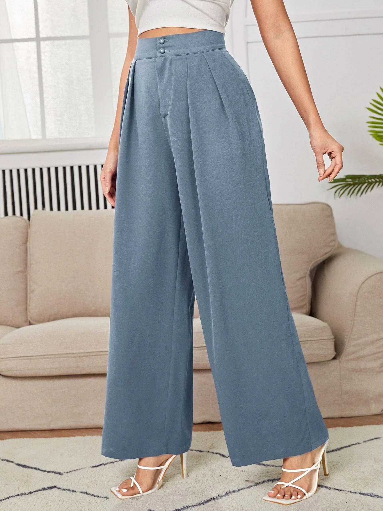 PETITE High Waist Plicated Wide Leg Black Dress Pants
