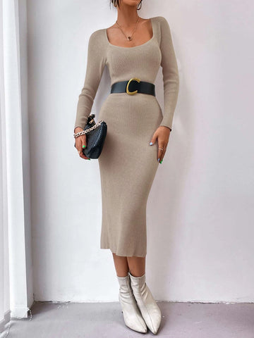 X Lucía Bellido SHEIN Privé Square Neck Raglan Sleeve Slit Back Sweater Dress Without Belt