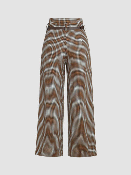 Houndstooth High Waist Belted Wide Leg Trousers