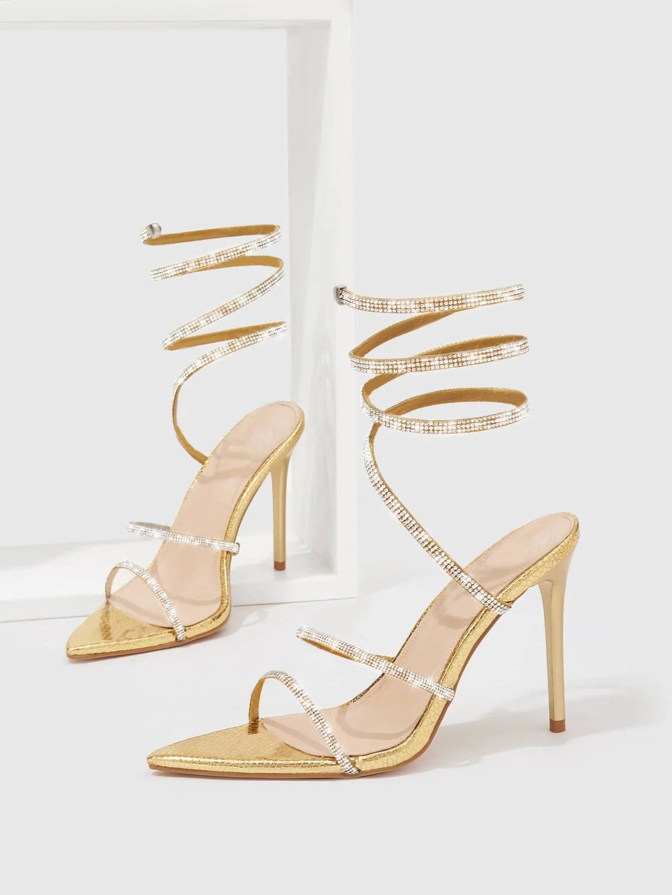 CUCCOO SZL Woman Shoes Rhinestone Decor Stiletto Heeled Strappy Glamorous Banquet Heeled Sandals