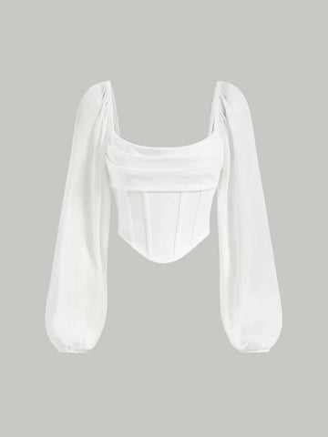 MOD Lantern Sleeve Ruched Scoop Neck Asymmetrical Hem Crop Long Sleeves Top