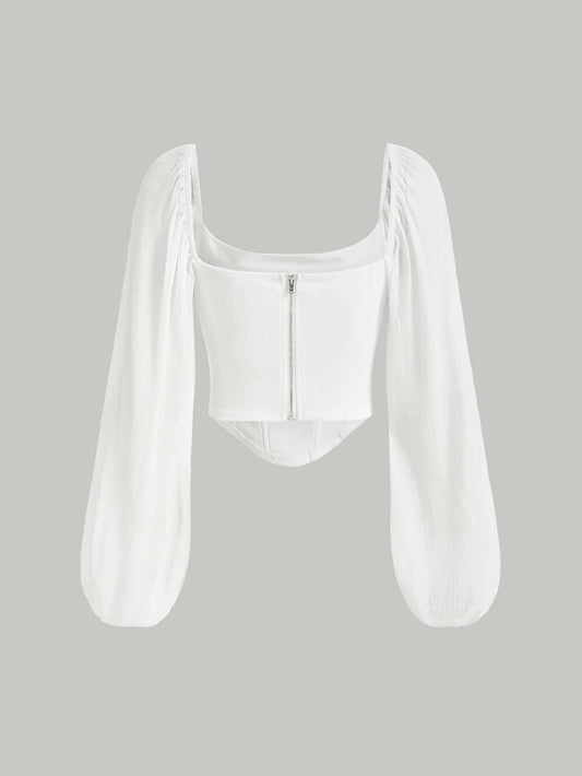 MOD Lantern Sleeve Ruched Scoop Neck Asymmetrical Hem Crop Long Sleeves Top