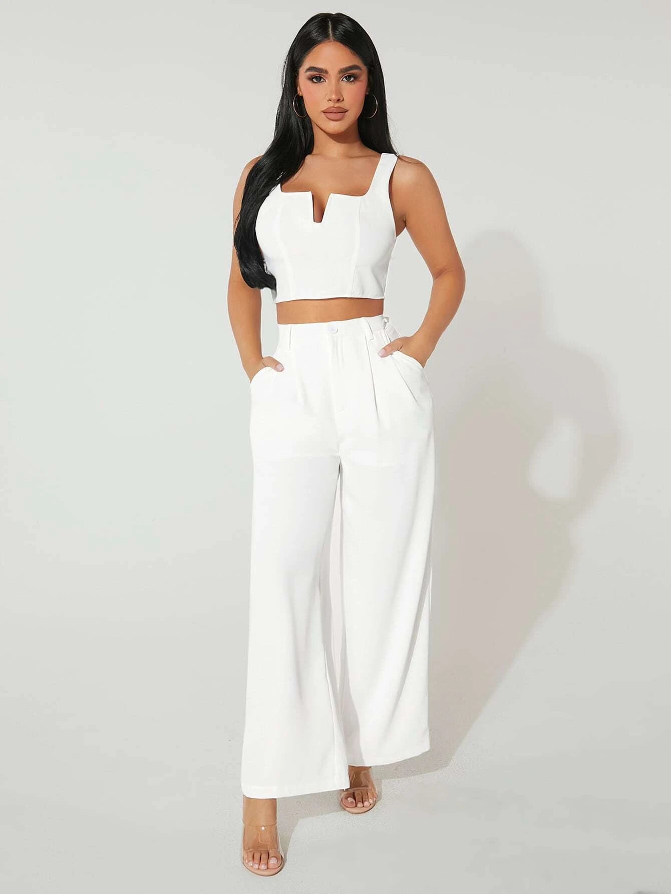 PETITE Notched Neck Crop Tank Top & Wide Leg Pants