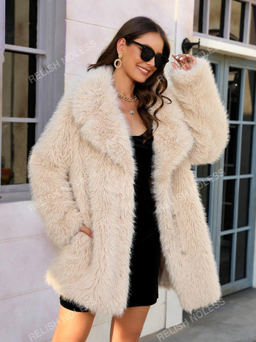 RELISH NOLESS Lapel Neck Slant Pockets Fuzzy Coat