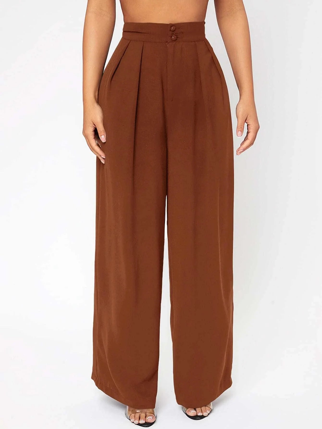 PETITE High Waist Plicated Wide Leg Black Dress Pants
