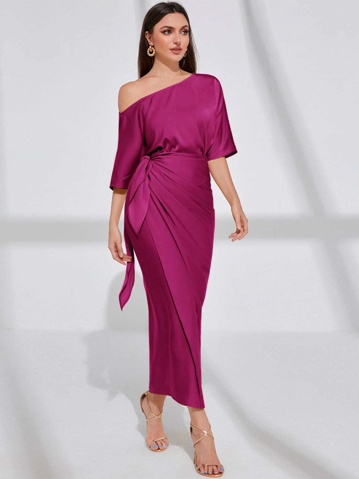 Modely Asymmetrical Neck Batwing Sleeve Wrap Hem Satin Dress