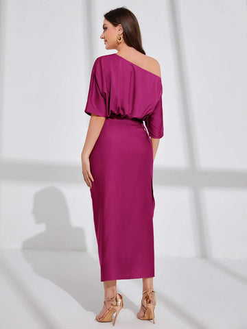 Modely Asymmetrical Neck Batwing Sleeve Wrap Hem Satin Dress