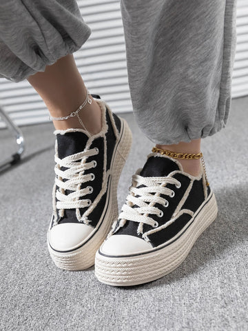 Women's Fashionable Versatile Spring/Summer Outdoor White Lace-Up Round Toe Canvas