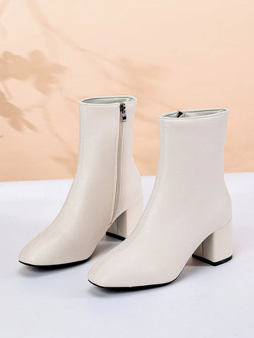 Women's Fashionable White Boots Women's Simple White Chunky Heel Boots