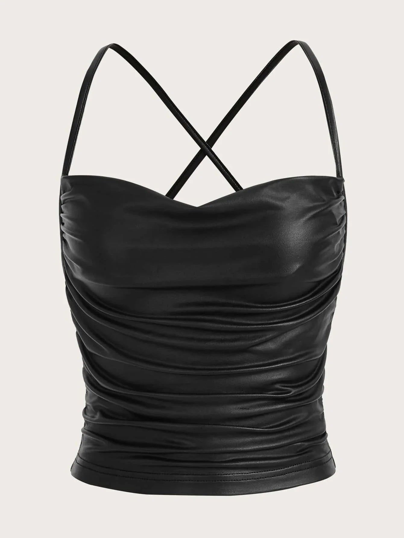 ICON Draped Front Crisscross Backless PU Leather Cami Going Out Tops