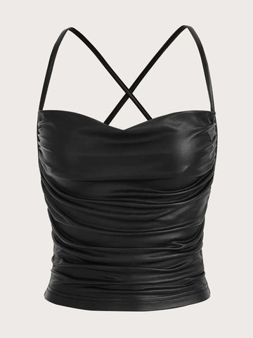 ICON Draped Front Crisscross Backless PU Leather Cami Going Out Tops