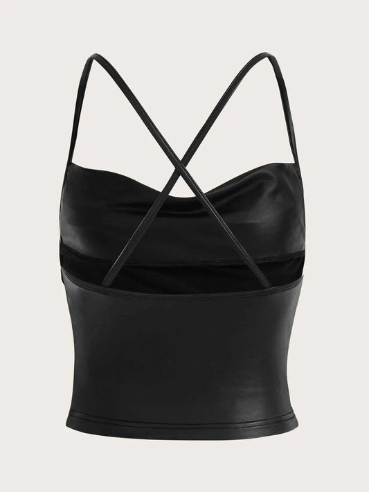 ICON Draped Front Crisscross Backless PU Leather Cami Going Out Tops