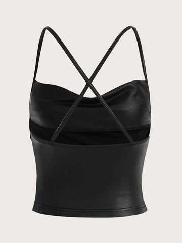 ICON Draped Front Crisscross Backless PU Leather Cami Going Out Tops