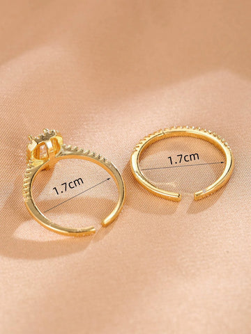 2pcs Cubic Zirconia Decor Ring Copper Jewelry